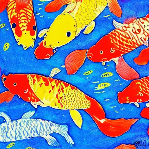 Image similar to some koi carp, swimming in a pool, ink, acrylics, collage, style of lily greenwood