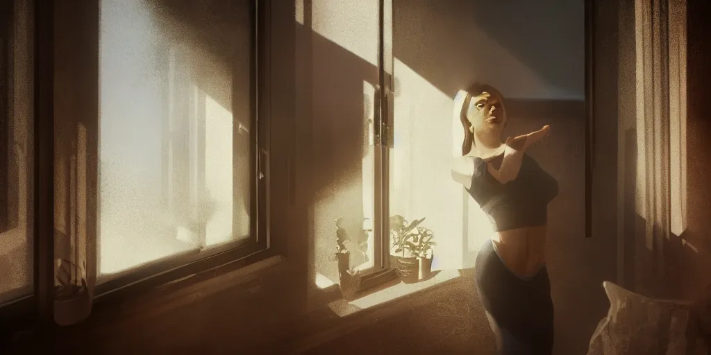Prompt: the girl on a windowsill, hyper realistic, hyper detailed, epic lighting, cinematic, dynamic volumetric lighting, raytracing, 8 k, glowing lights, wide shot, reality, ultrarealism
