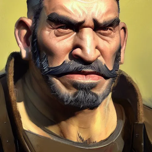 Image similar to greg manchess close - up portrait painting of a handsome older male dieselpunk orc with olive green skin as an overwatch character, medium shot, asymmetrical, profile picture, organic painting, sunny day, matte painting, bold shapes, hard edges, street art, trending on artstation, by huang guangjian and gil elvgren and sachin teng