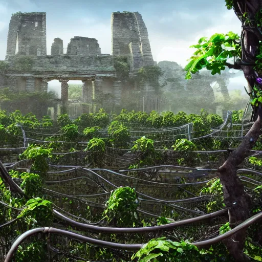 Image similar to Racks of computer equipment surrounded by ancient ruins and covered in vines, concept art, highly detailed, 8k, hyper realistic, unreal engine