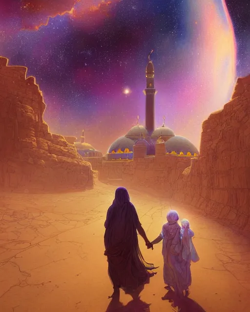 Image similar to bedouin man and woman and child in galaxy walking towards mosque surrounded by nebula, highly detailed, gold filigree, romantic storybook fantasy, soft cinematic lighting, award, disney concept art watercolor illustration by mandy jurgens and alphonse mucha and alena aenami, pastel color palette, featured on artstation