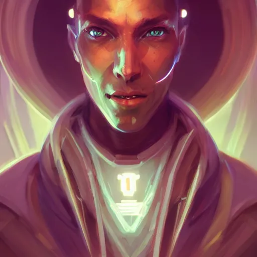 Image similar to a portrait of a handsome cybernetic fortune teller, cyberpunk concept art by pete mohrbacher and wlop and artgerm and josan gonzales, digital art, highly detailed, intricate, sci-fi, sharp focus, Trending on Artstation HQ, deviantart, unreal engine 5, 4K UHD image