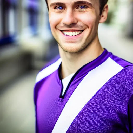 Prompt: a photographic portrait of a young Caucasian man smiling with short brown hair that sticks up in the front, blue eyes, groomed eyebrows, tapered hairline, sharp jawline, wearing a purple white volleyball jersey, sigma 85mm f/1.4, 15mm, 35mm, 4k, high resolution, 4k, 8k, hd, full color