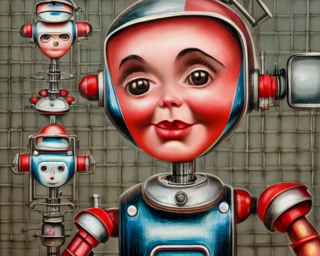 Image similar to closeup profile portrait of a 1 9 5 0 s tin toy robot factory, nicoletta ceccoli, mark ryden, lostfish, max fleischer, hyper realistic, artstation, illustration, digital paint, matte paint, vivid colors, bright, cheerful, detailed and intricate environment