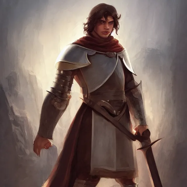 Prompt: christof romuald is a renowned brujah and a former crusader knight, lon - hair, crusader, crusader kings 3, beautiful young man, brown hair, brown eyes, without beard, without mustache, by stanley artgerm lau, wlop, rossdraws, frank frazetta, andrei riabovitchev, marc simonetti