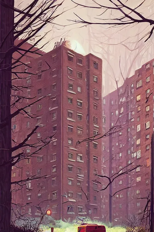 Image similar to (((((a ramshackle manhattan brick brownstone deep in the forest))))) by Simon Stalenhag!!!!!!!!!!!!!!!!!!!!!!!!!!!