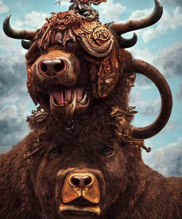 Prompt: an anthropomorphic bull wearing a bear's head, crisp 8 k line art, digital painting, artstation, unreal engine, octane render, emissive lighting, concept art, matte, sharp focus, hyper realistic lighting, illustration, art by junto ito and takato yamamoto and philippe druillet