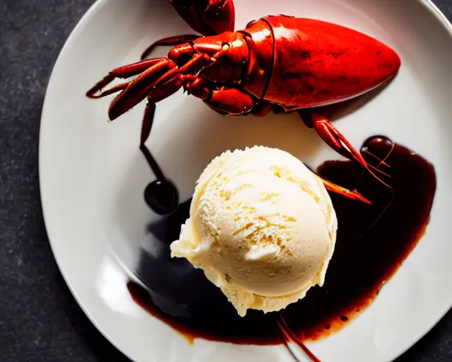 Image similar to dslr food photograph of a plate of vanilla ice cream with a crawfish, some chocolate sauce, 8 5 mm f 1. 4