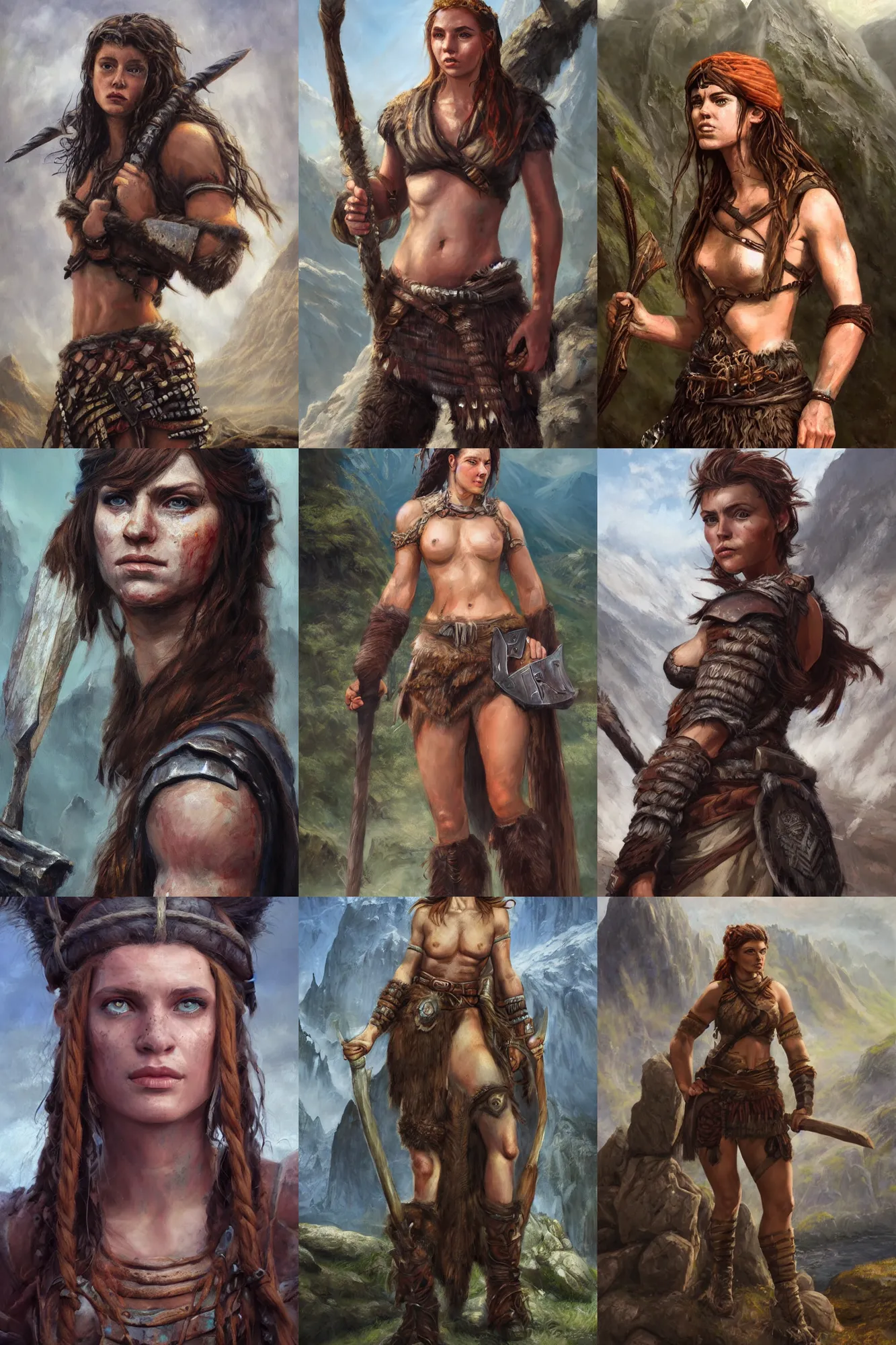 Image similar to a full body high detail fantasy portrait oil painting illustration of a beautiful young rugged stoic barbarian woman by justin sweet with face and body clearly visible, in a scenic background, pupils visible, realistic proportions, d & d, rpg, forgotten realms, artstation trending, high quality, sombre mood, artstation trending, muted colours, entire person visible!