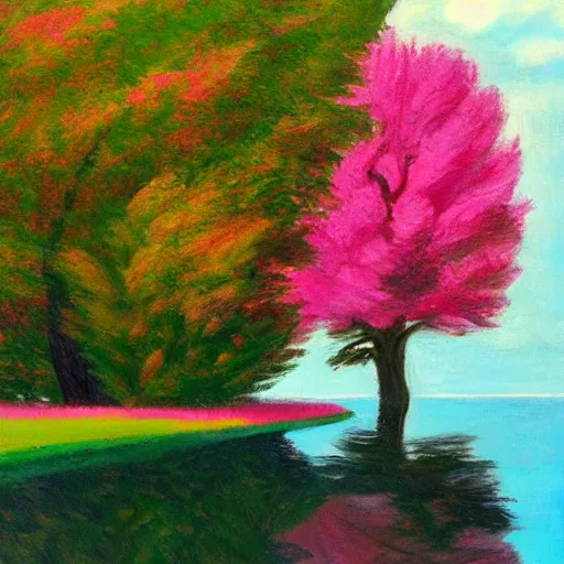 Image similar to beautiful pink tree beside a large lake landscape in the style of Edward Hopper