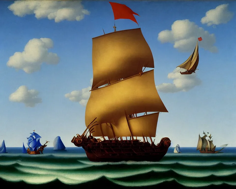 Prompt: a pirate ship in a bottle by raphael, hopper, and rene magritte. detailed, proportional, romantic, enchanting, trending on artstation