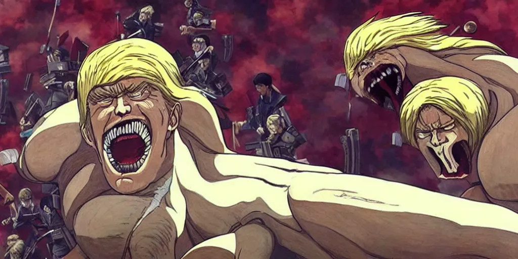 prompthunt: “ donald trump as an ugly titan, attack on titan