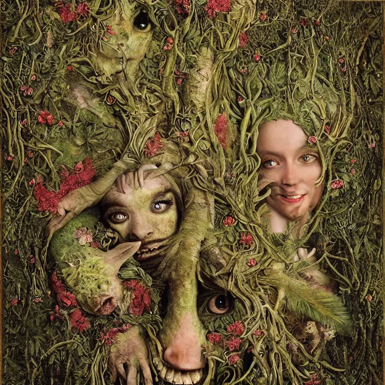 Image similar to a fish eye lense photograph of a grinning alien dryad with goat pupils transforming herself into a beast. her skin is covered in scales and feathers. flowers surround her body and trees tower around her. painted by jan van eyck, max ernst and ernst haeckel, trending on artstation, 8 k, award winning, hard lighting, photorealistic painting, fashion editorial