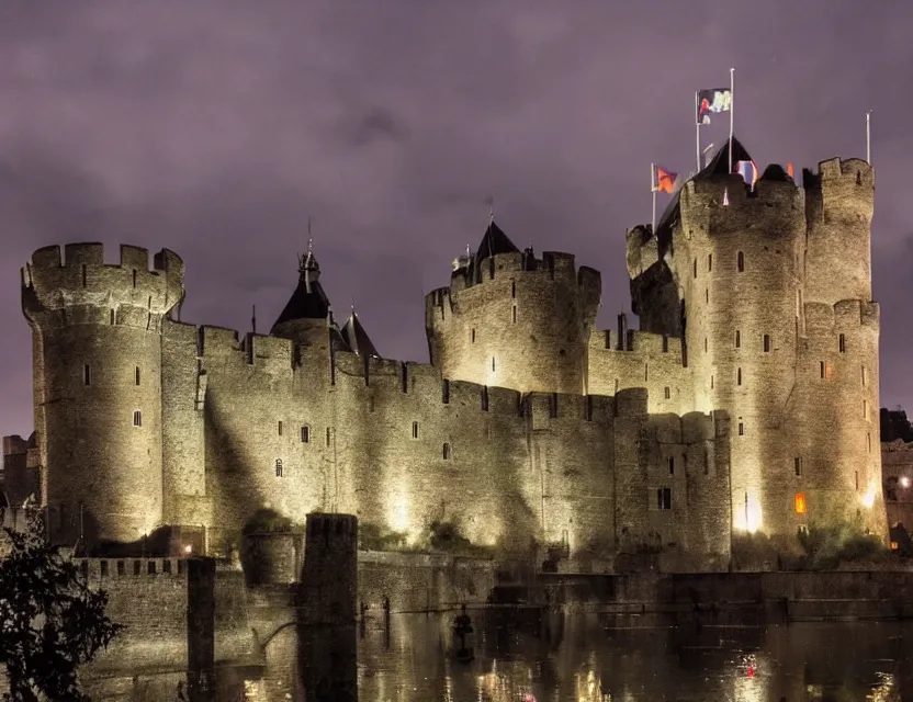 Prompt: close view of gravensteen castle in gent belgium at night, peaceful and serene, incredible perspective, soft lighting, anime scenery by makoto shinkai and studio ghibli, very detailed