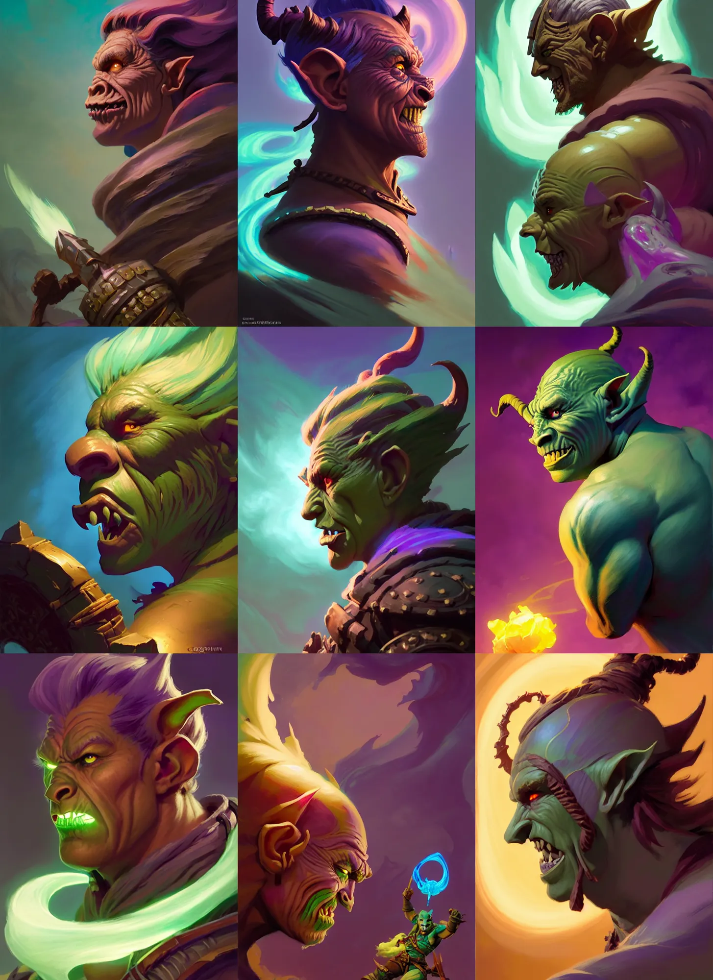 Image similar to side profile, male orc - goblin ranger, gloomhaven, luminescent, colorful swirly magic ripples, pastel colors, by greg manchess, huang guangjian, gil elvgren, sachin teng, greg rutkowski, jesper ejsing, ilya kuvshinov