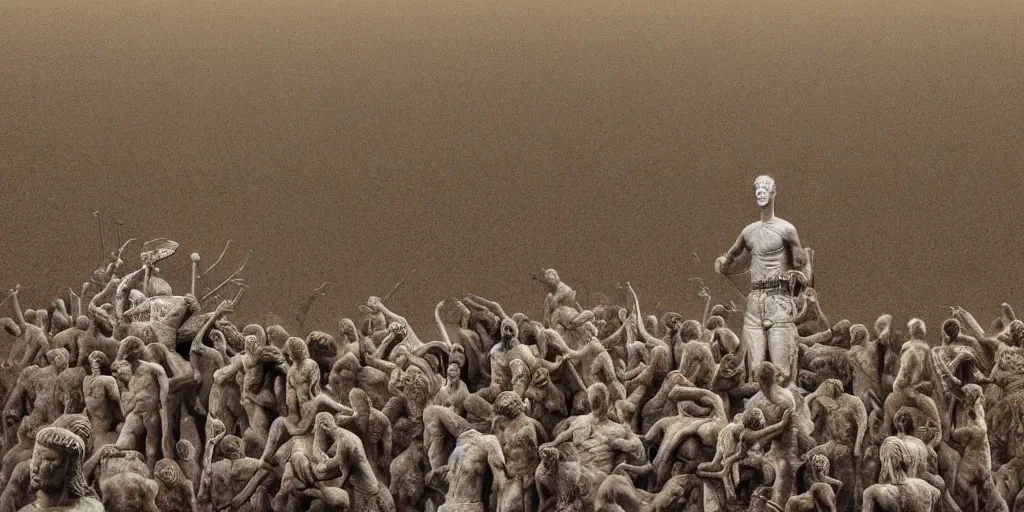 Prompt: highly detailed photograph a military sponsored coahella with crowds centered around statue of a roman mark zuckerberg, dust storm, cinematic, ultra realistic, realism, intricate, digital art, ambient, by beksinski, by jamie hewlett, gothic art style, 3 5 mm film grain, artstation