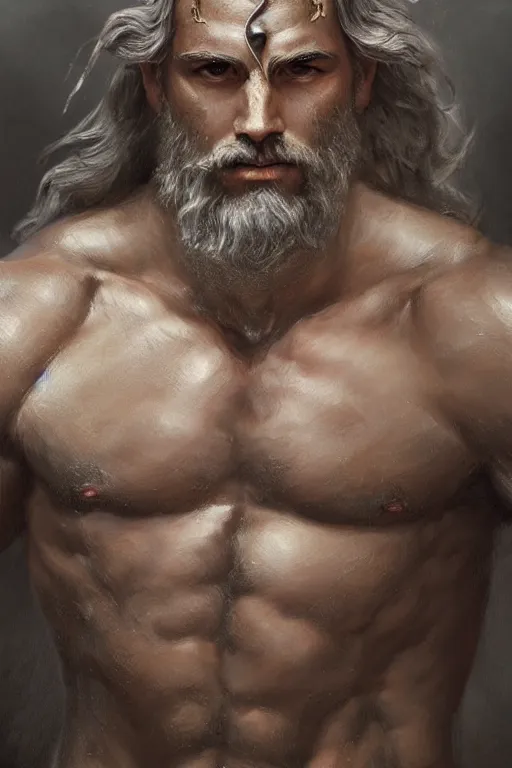 Image similar to painted portrait of rugged zeus, god of thunder, greek god, white hair, masculine, mature, handsome, upper body, muscular, hairy torso, fantasy, intricate, elegant, highly detailed, digital painting, artstation, concept art, smooth, sharp focus, illustration, art by gaston bussiere and greg rutkowski