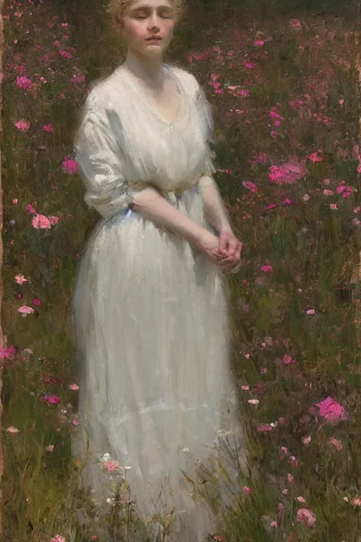 Prompt: Richard Schmid and Jeremy Lipking full length portrait painting of a young beautiful edwardian girl walking through a field of flowers with hands behind her back