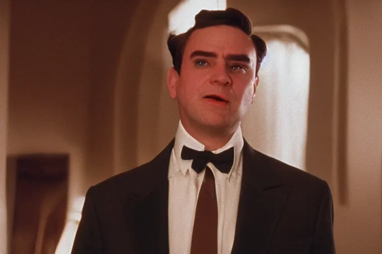 Image similar to cinematic still of chubby clean-shaven white man wearing chocolate brown suit and necktie in Casper (1995), XF IQ4, f/1.4, ISO 200, 1/160s, 8K, RAW, dramatic lighting, symmetrical balance, in-frame