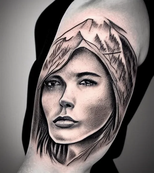 Image similar to amazing blend of beautiful mountain scenery with a beautiful woman face, tattoo design sketch, hyper - realistic, in the style of matteo pasqualin, amazing detail, black and white