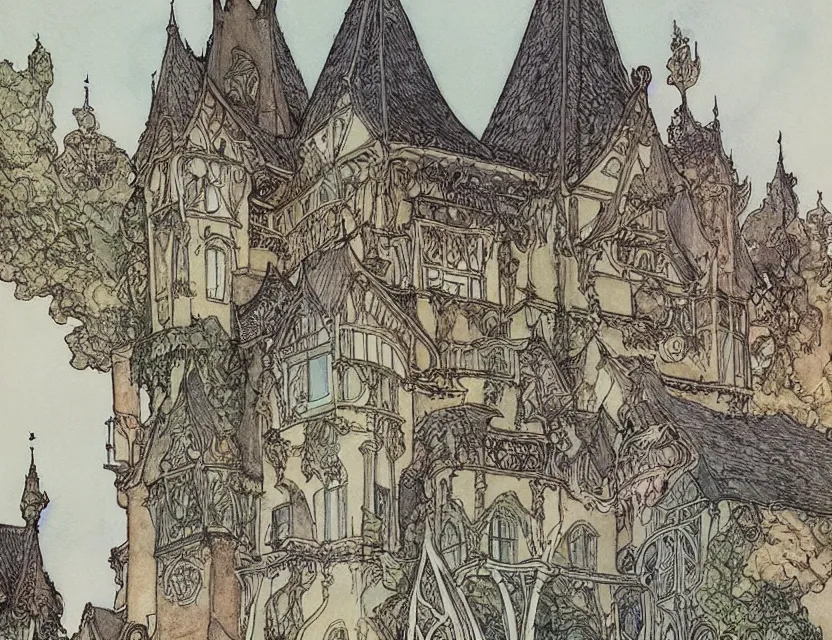 Image similar to a detailed, intricate watercolor and ink illustration with fine lines of the view from the river of an art nouveau castle, by arthur rackham and edmund dulac and lisbeth zwerger