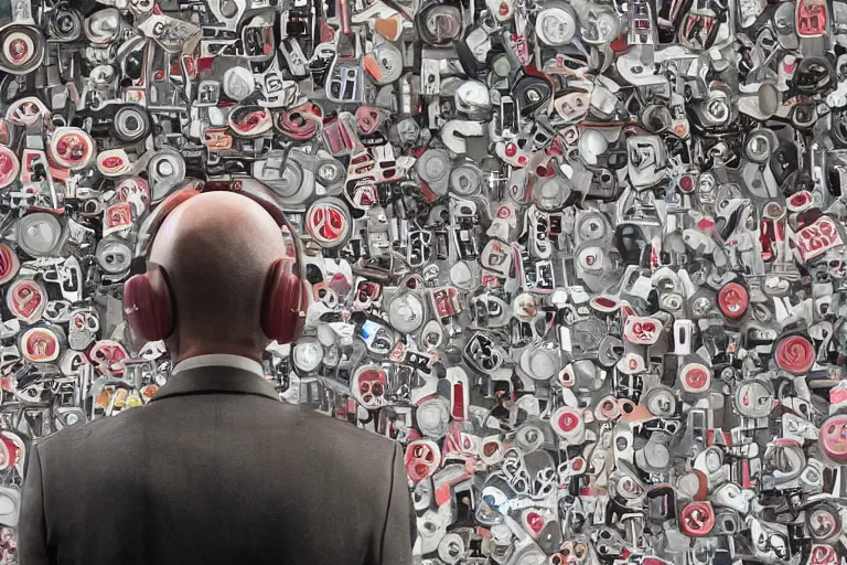 Image similar to an expressive portrait of agent 4 7 from hitman wearing headphones standing in front of a wall of vinyl records, speakers and cables, dark background, red rim light, digital art, artstation, concept art by giger stalenhag