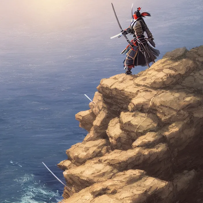 Image similar to an anime still of a ronin samurai standing on the edge of a cliff overlooking the ocean, confident looking, finely detailed features, perfect art, at an ancient castle, trending on pixiv fanbox, painted by greg rutkowski makoto shinkai takashi takeuchi studio ghibli, akihiko yoshida