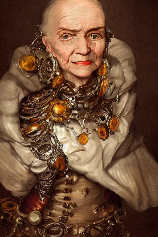 Image similar to portrait, headshot, digital painting, of a old 17th century, old lady cyborg merchant, amber jewels, baroque, ornate clothing, scifi, futuristic, realistic, hyperdetailed, chiaroscuro, concept art, art by frans hals