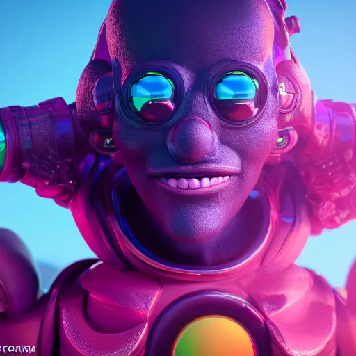 Image similar to photography of a futuristic space clown, in an colorful alien planet, ultra detail, beautiful light, high detail, 8 k, f / 2. 8, octane render