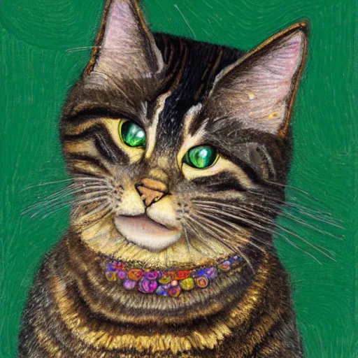 Prompt: portrait of a very fluffy dark tabby cat with green eyes, starlight, full body, smiling cat, golden colors, flowers, canned cat food, intricate, elegant, highly detailed, smooth, sharp focus, illustration, art by gustav klimt