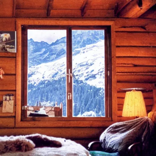 Image similar to a 3 5 mm kodachrome photo of a cozy cabin in the swiss alps in the 1 9 5 0's