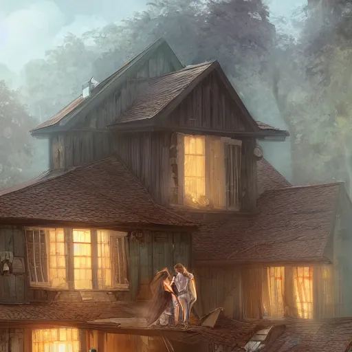 Image similar to two husbands leave each other inside a big wooden broken house by Stanley Artgerm Lau, WLOP, Rossdraws, James Jean, Andrei Riabovitchev, Marc Simonetti, Yoshitaka Amano, ArtStation, CGSociety