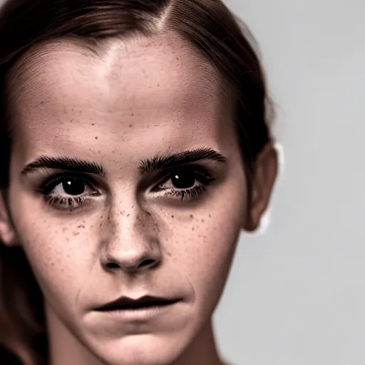 Image similar to Emma Watson, crying with a tear running down her cheek, headshot, close-up, studio lighting, photograph, canon, f/22