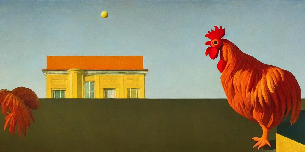 Prompt: peculiar rooster pictured in afternoon light, clouds, bird, open ceiling, strange foreign objects, surrealist oil painting by edward hopper, chirico and rene magritte