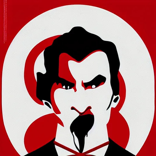 Prompt: Dracula, silkscreen, three-color palette, red, black, white, vector style, Tom Whalen, Jonny Wan