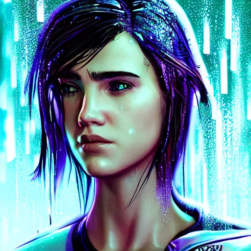 Prompt: young cyberpunk jennifer connelly, cartoon portrait made out of rain, realistic, highly detailed, neon, rendered in octane, unreal engine, rain, beautiful, trending on artstation, emotional