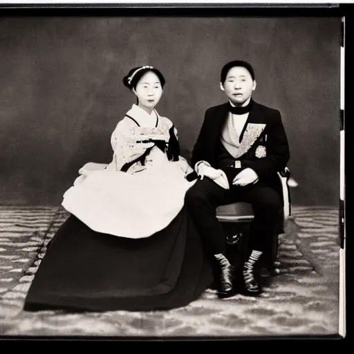 Image similar to An extreme long shot wide shot, colored black and white Russian and Japanese mix historical fantasy a photograph portrait taken at the empress and emperor's royal wedding on their carriage trip back to the palace, they had a private moment together, golden hour, warm lighting, 1907 photo from the official wedding photographer for the royal wedding.