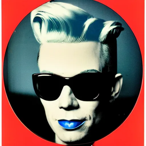 Prompt: Colorized Stylistic Portrait of Andy Warhol with shutter shades and a high top fade pompadour fade short hairstyle, taken in the 1970s, photo taken on a 1970s polaroid camera, grainy, real life, hyperrealistic, ultra realistic, realistic, highly detailed, epic, HD quality, 8k resolution, body and headshot, film still, front facing, front view, headshot and bodyshot, detailed face, very detailed face