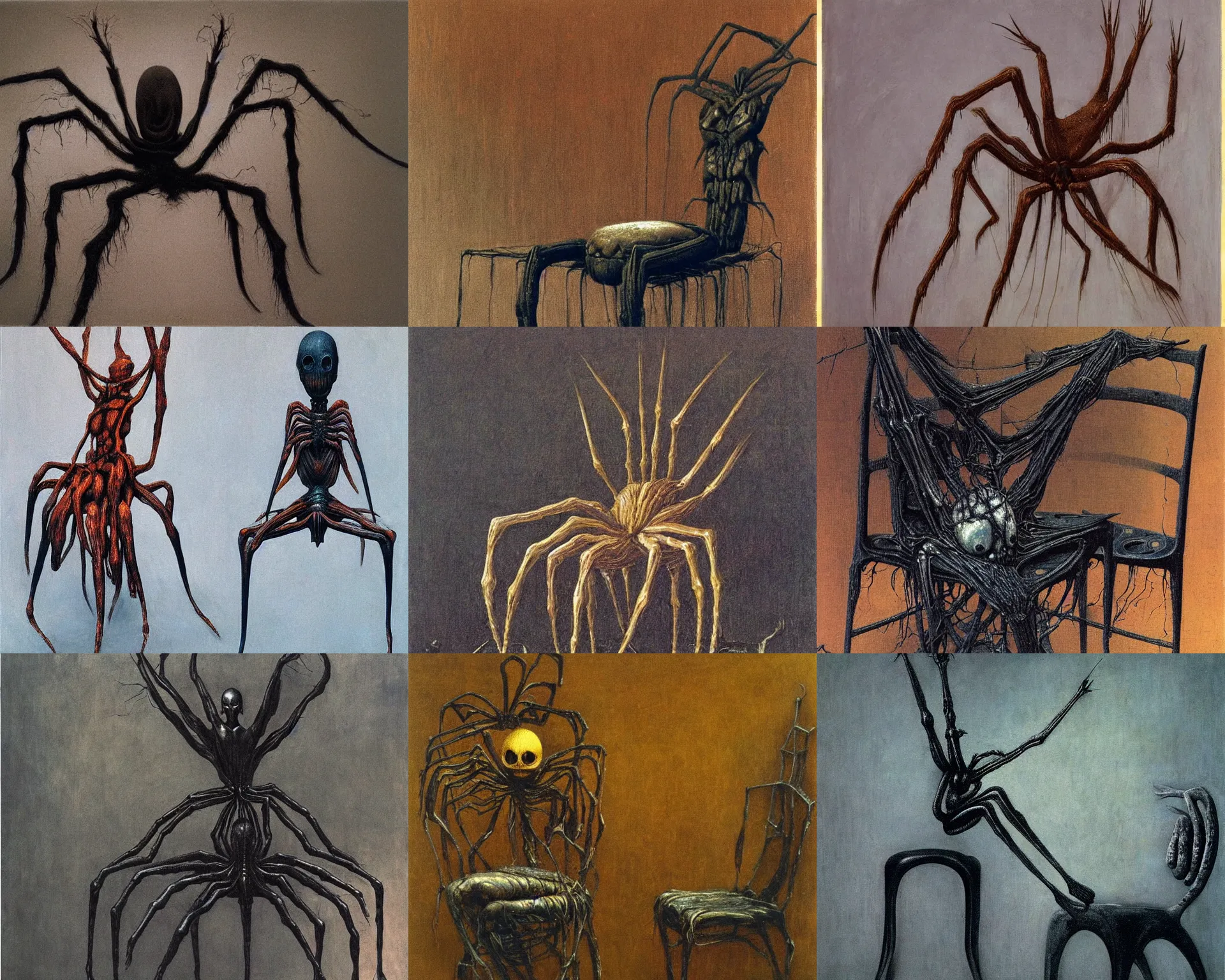 Prompt: giant spider on chair, giger beksinski francis bacon