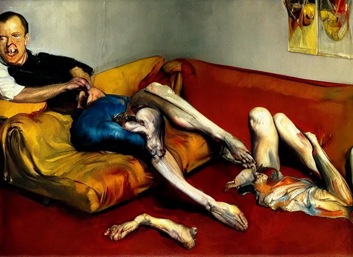 Image similar to it was just another evening. i was alone in my apartment, flipping through the channels on my tv. in the style of francis bacon, man alone on couch lucian freud, jenny saville, norman rockwell and james jean, edvard munch, and mark brooks, triadic color scheme, by greg rutkowski, in the style of edward hopper