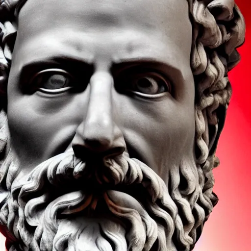 Prompt: a detailed 4 k high definition photograph of a face of hephaestus, with white beard and red eyes