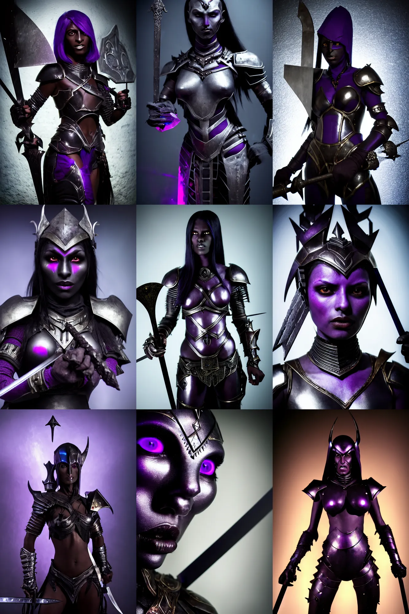 Prompt: an ultra high definition real life head shot photograph of female dark elf with dark black purple skin wearing metal armour and holding sword in an underground cave lair with props and clutter. close up. three point lighting. volumetric. refraction. extremely detailed. soft focus. ambient light sources. haze artefacts, light glare, art directed. filmic. stark.