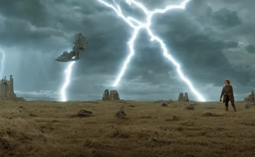 Image similar to screenshot portrait of Luke Skywalker in a windy lightning battlefield with scattered ruins of a fiery jedi rock temple, surrounded by giant AT-AT walkers, with young jedi army behind him, iconic scene from 1970s film by Stanley Kubrick, last jedi, 4k HD, cinematic lighting, beautiful portrait of Mark Hammill, moody scene, stunning cinematography, mcu effects, anamorphic lenses, kodak color film stock