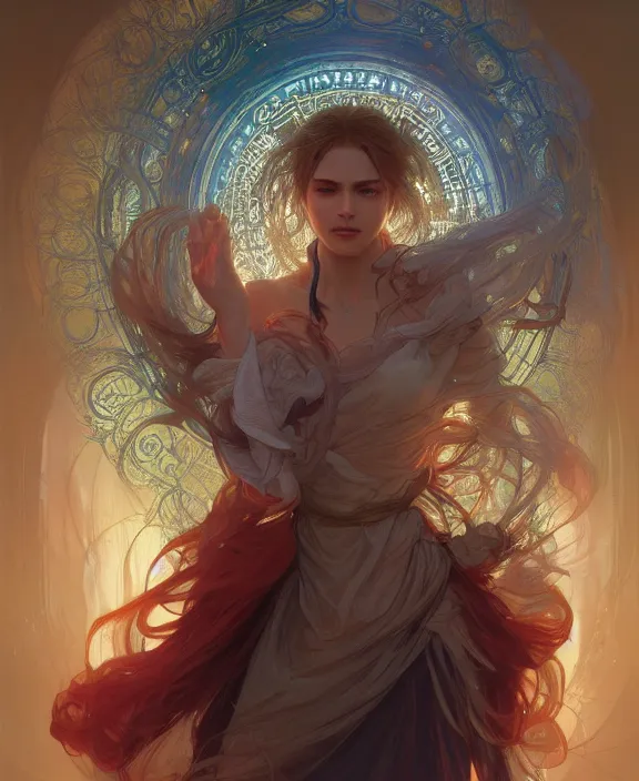 Image similar to a whirlwind of souls ushing inside the metaverse, half body, glowin eyes, d d, fantasy, intricate, elegant, highly detailed, colorful, vivid color, digital painting, artstation, concept art, art by artgerm and greg rutkowski and alphonse mucha and ruan jia