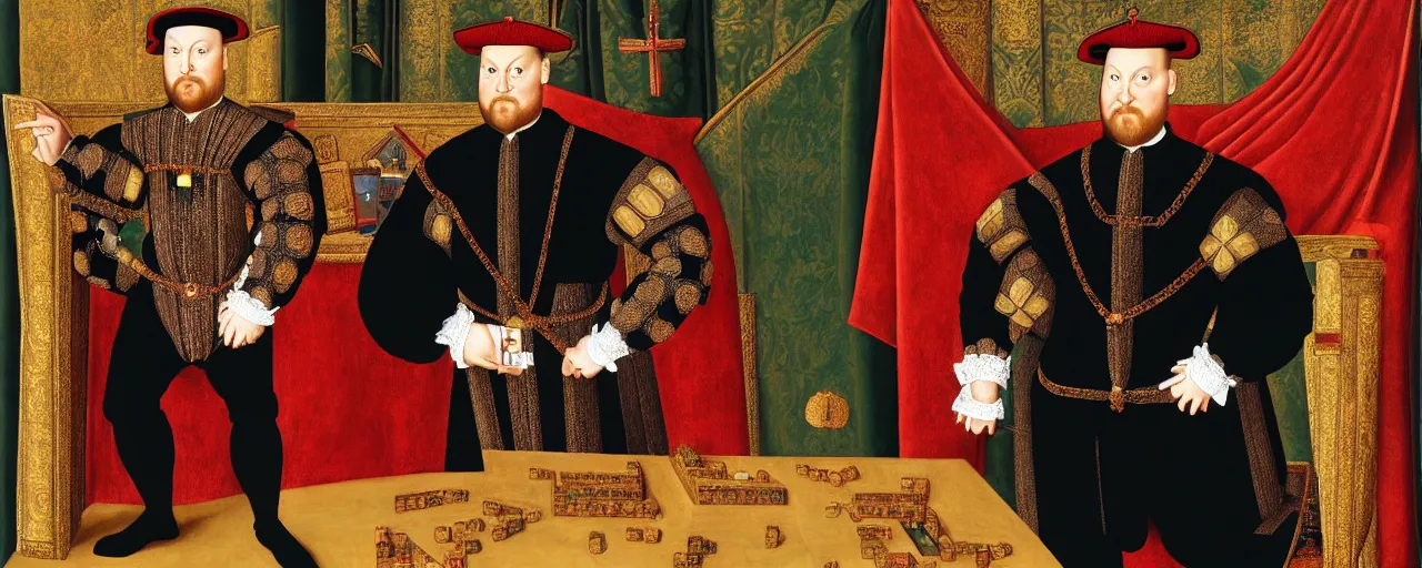 Prompt: a beautiful oil painting of Henry VIII inventing Tetris