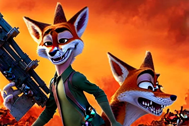 Image similar to nick wilde ( from zootopia ), heavily armed and armored facing down armageddon in a dark and gritty reboot from the makers of mad max : fury road