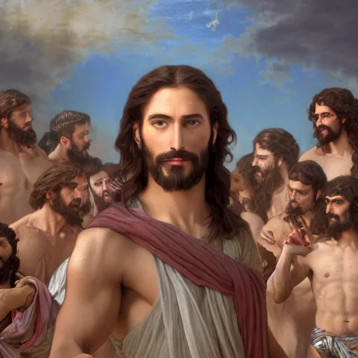 Image similar to an extremely detailed matte painting of a ridiculously good looking jesus that looks like a jewish gigachad with his 1 2 apostle entourage, long curly hair, elegant ancient greek dress, very detailed, windy beach, beautiful, intricate, cinematic, artstation, william bouguereau, alphonse mucha, greg rutkowski, rossdraws, octane render