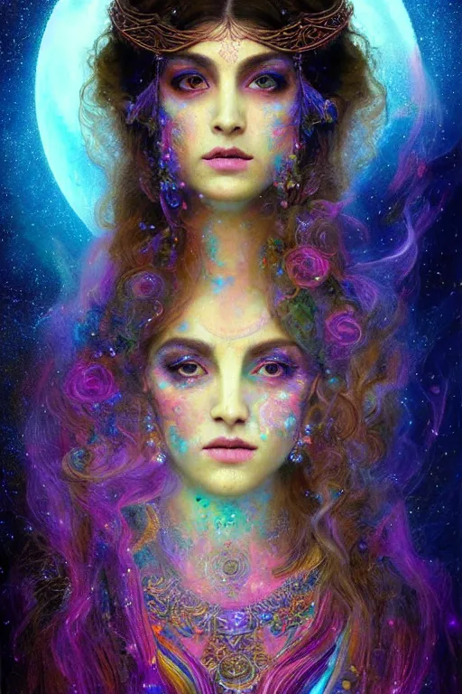 Image similar to full view portrait of an ethereal gypsy woman with detailed eyes, glowing face, floating in space with a half moon, photorealistic, colorful dress, in the style of ruan jia and gaston bussiere, holographic undertones, art nouveau galaxy background, intricate, flowing dress, smooth, sharp focus, dramatic lighting, illustration, hdr, artgerm
