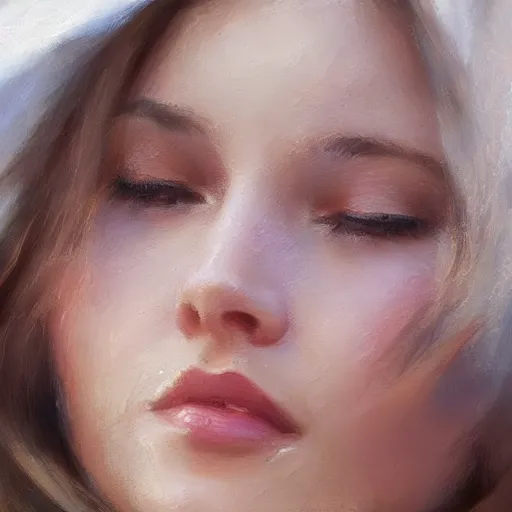 Prompt: super close - up of a beautiful woman's face, morning, highly detailed, ultrarealistic oil painting, vladimir volegov, artstation