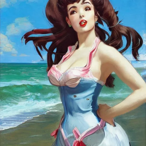 Prompt: pinup art of d. va from overwatch in a beach, artwork by alfred stevens